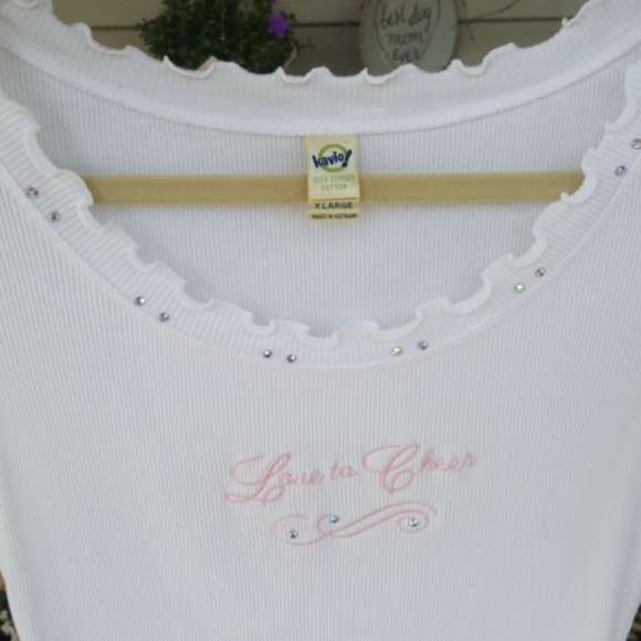 KAVIO ♡ White Embroidered Pink "Love to Cheer" Ruffled Embellished Bling Top XL - Picture 17 of 17